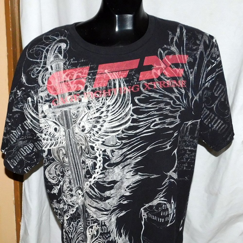 Konflict Men's Black T Shirt Dragon and Sword Game Fighting Extreme